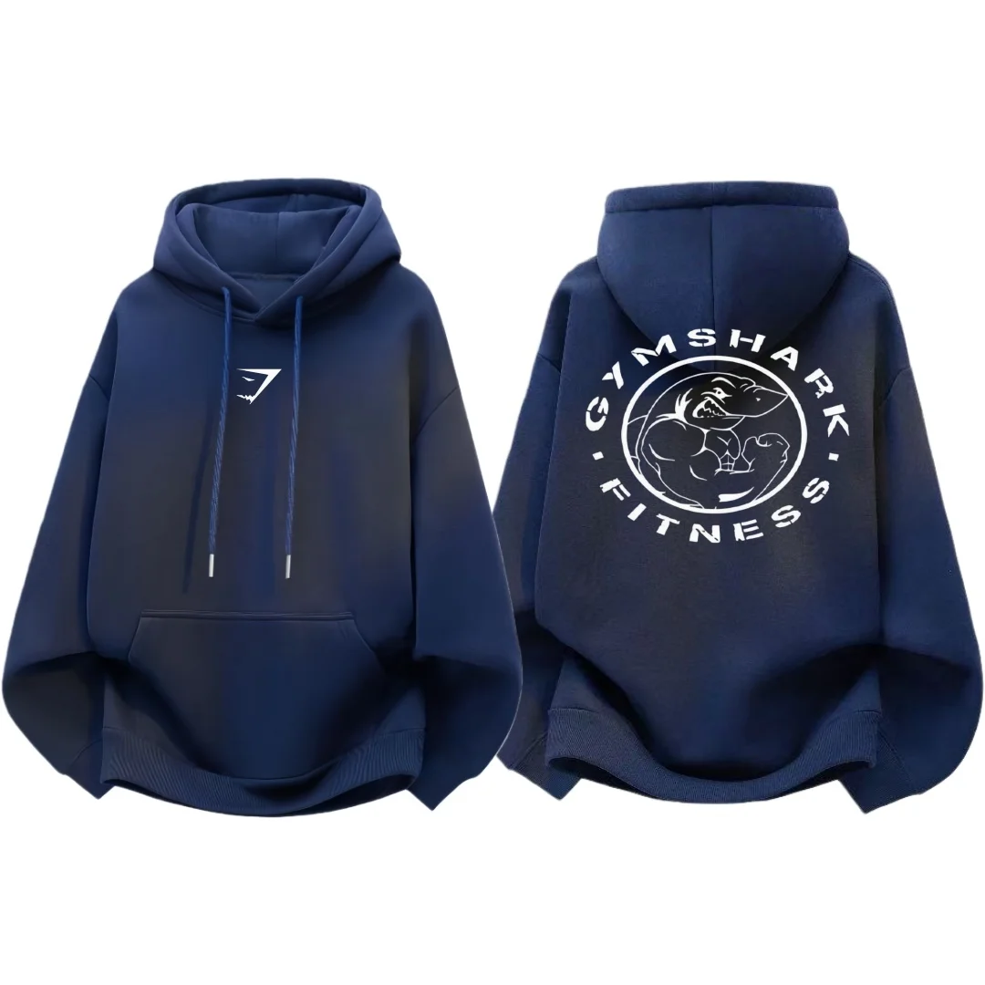 GYM SHARK Men's Fitness Hoodie Hoodie, Cartoon Muscle Shark Back Print, Casual Exercise Hoodie