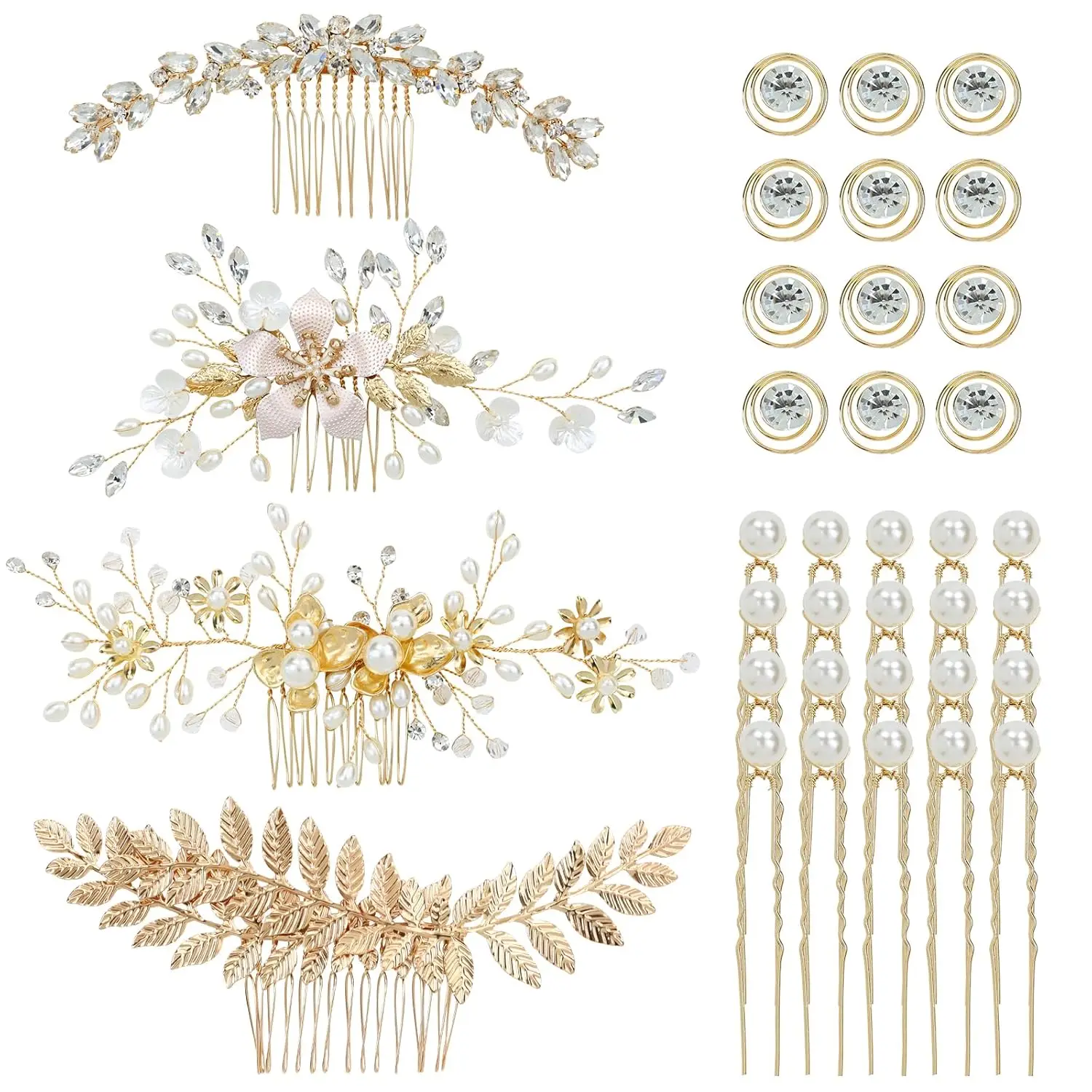 

36 Pack Gold Flower Leaf Bridal Wedding Hair Combs, U-shaped Pearl Pins, Spiral Rhinestone Clips for Bridesmaids Women Girls