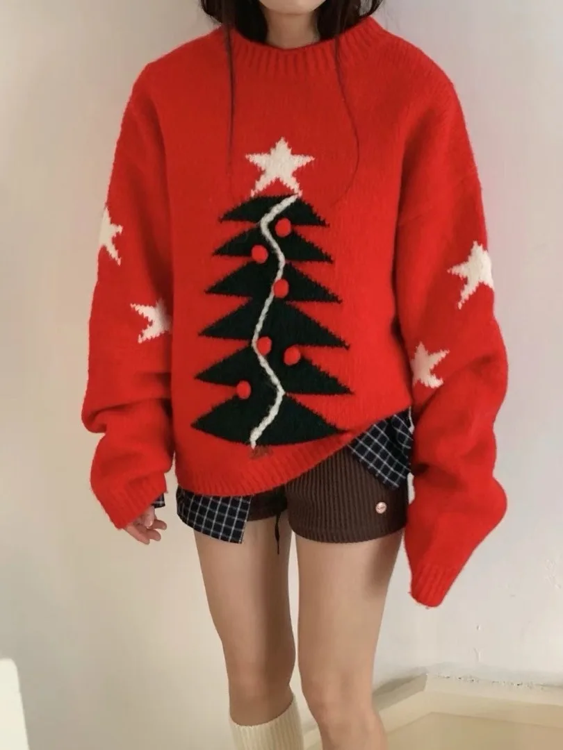 

Loose Knitted round Ne Cisas Tree Pattern Sweater Outerwear Winter Aosphere Feeling Women's Faion Korean Sle Top