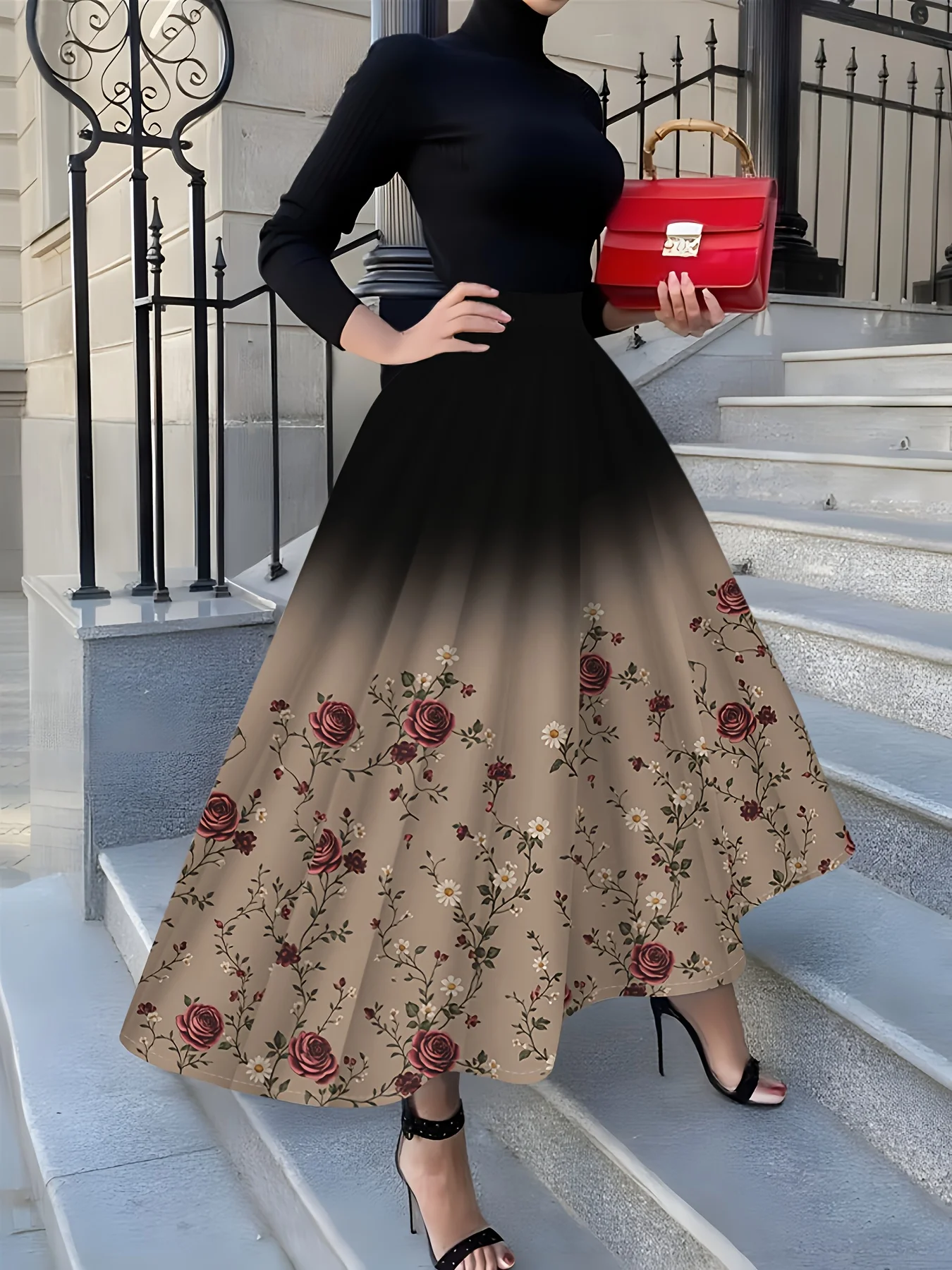 

Женская юбка-миди А-силуэта с градиентным принтом в черно-бордово-розовых тонах, в отпускном стиле, с высокой талией, плиссированная, летняя, для женщин