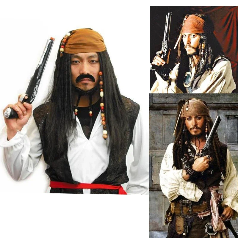 Jack Sparrow Cosplay Costume para Homens e Mulheres, Acessórios Adultos, Perucas, Conjuntos de Barbas, Piratas, Caribe