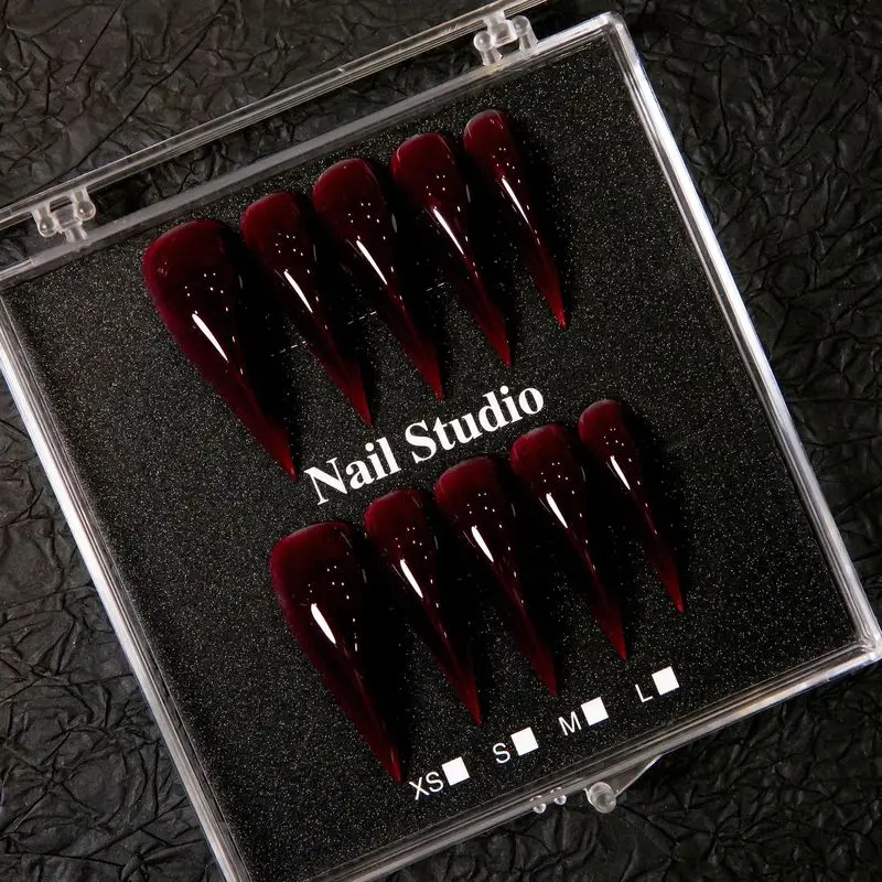 Handmade Glossy Wine Red Stiletto Press On Nails Solid Burgundy Fake Nail Tips Reusable Long Pointed False Nails For Nail Art Sa