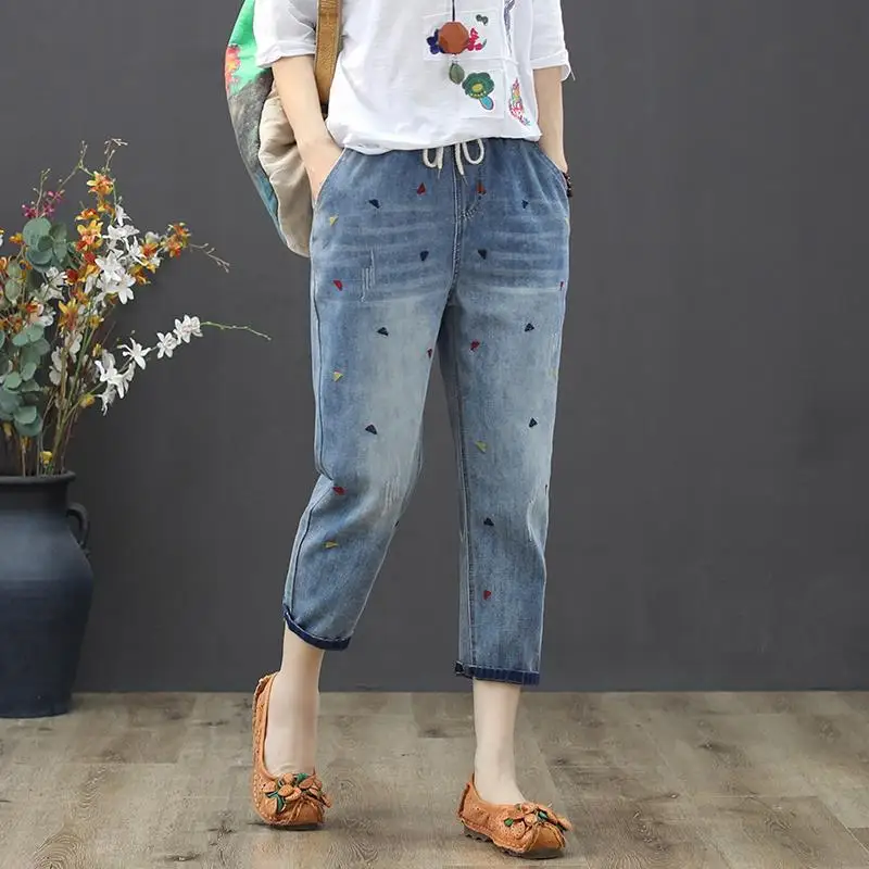 2024 New Women JeansNew Spring Fall  Denim Pants Loose Large Size Elastic Waist Vintage Jeans  Trousers