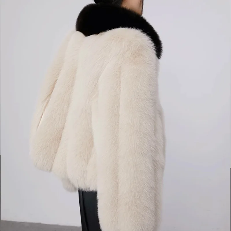 New in Coats 2024 Color Clash Winter Jacket Woman Black Lapel Spliced White Vertical Faux Mink Fur Fashion Outerwears Fur Coat