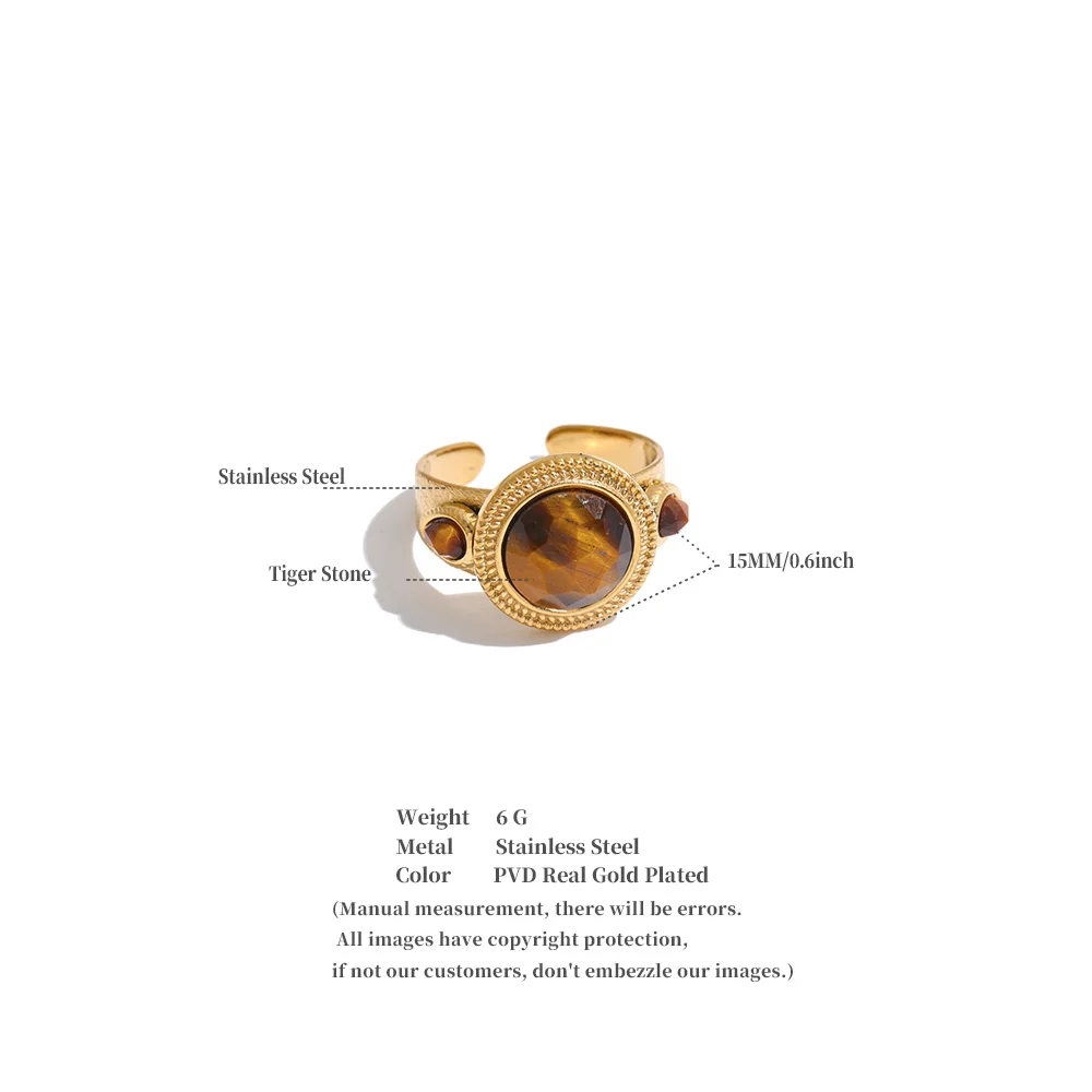 Yhpup Größe 7 Natürliche Muschel Tiger-Türkis-Stein Runder Ring Edelstahl Goldfarben Vintage Charm Schmuck – Detail 1