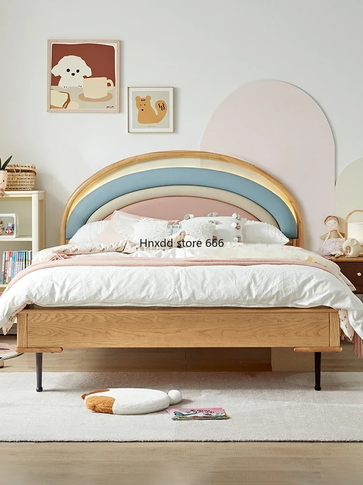 Solid wood children with guardrail girl boy soft bag single telescopic bed