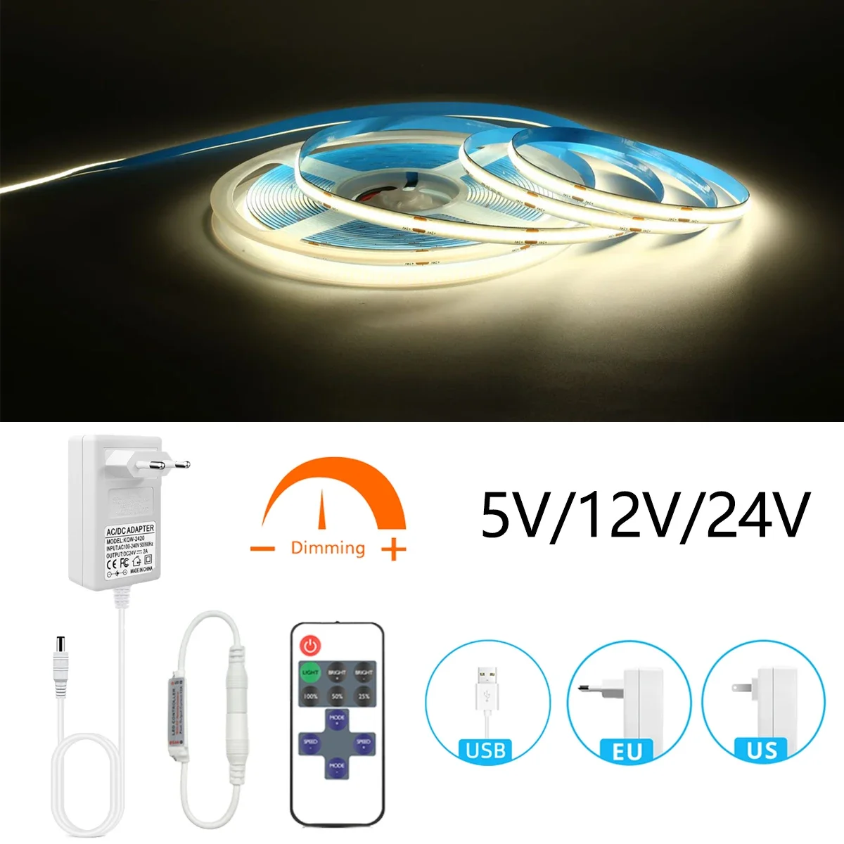 5V 12V 24V Dimmbarer COB LED-Streifen USB-Stecker/EU-Stecker RF-Fernbedienung 320LEDs/M Küche Wohnzimmer Hintergrundbeleuchtung Deko Nachtlicht
