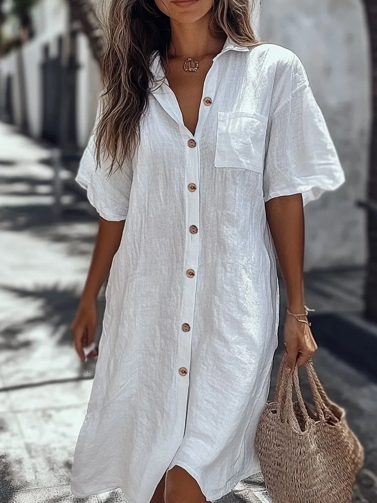 

Casual Solid Shirt Dress Lady Fashion White Short Sleeve Button Loose Dresses Women Elegant Office Skirt Womens Clothing Summer