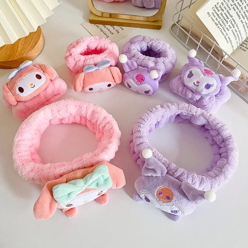 Sanrios Cinnamoroll Kuromi Mymelody kawaii Cartoon face wash wristband Hair Band Anime Plush Cuffs Sports Sweat Bracelet Sleeves