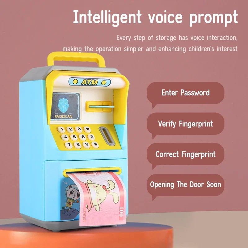 Leuke Cartoon ATM Machine Spaarpot met Gezicht Ontgrendelen Vingerafdruk Kluis Educatieve Muziek Muntautomaat voor Kinderen Leuk Leren