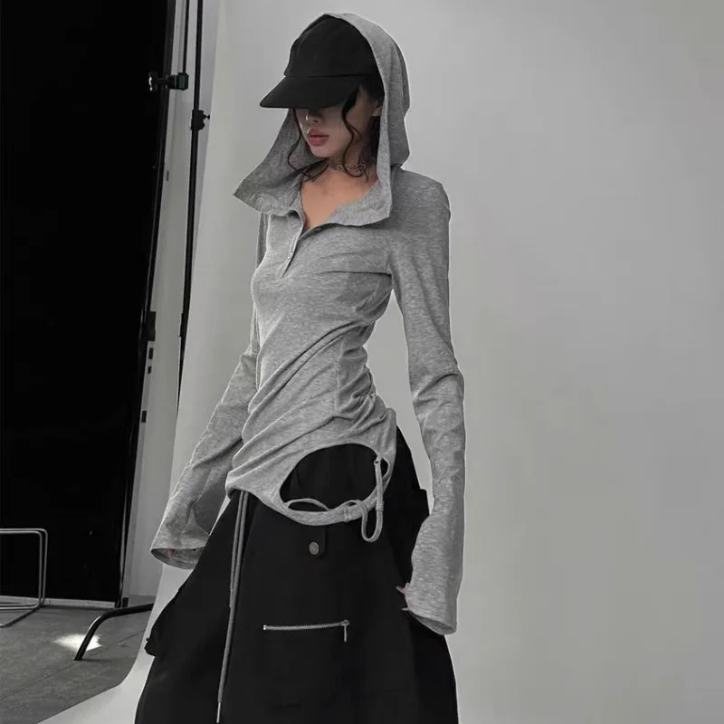 

Grey Long Sleeved Button Hooded T-shirt Spring Hot Girl Slim Fit Niche Jazz Dance Ripped Hole Hooded Top Kpop Print Thin Hoodies