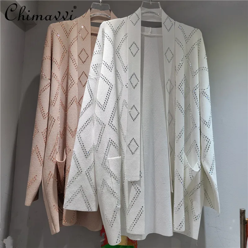 

2025 Autumn Winter New Fashion Knitted Jacket Heavy Diamond Pattern Rhinestone Long Sleeve Loose Casual Women's Cardigan Coat