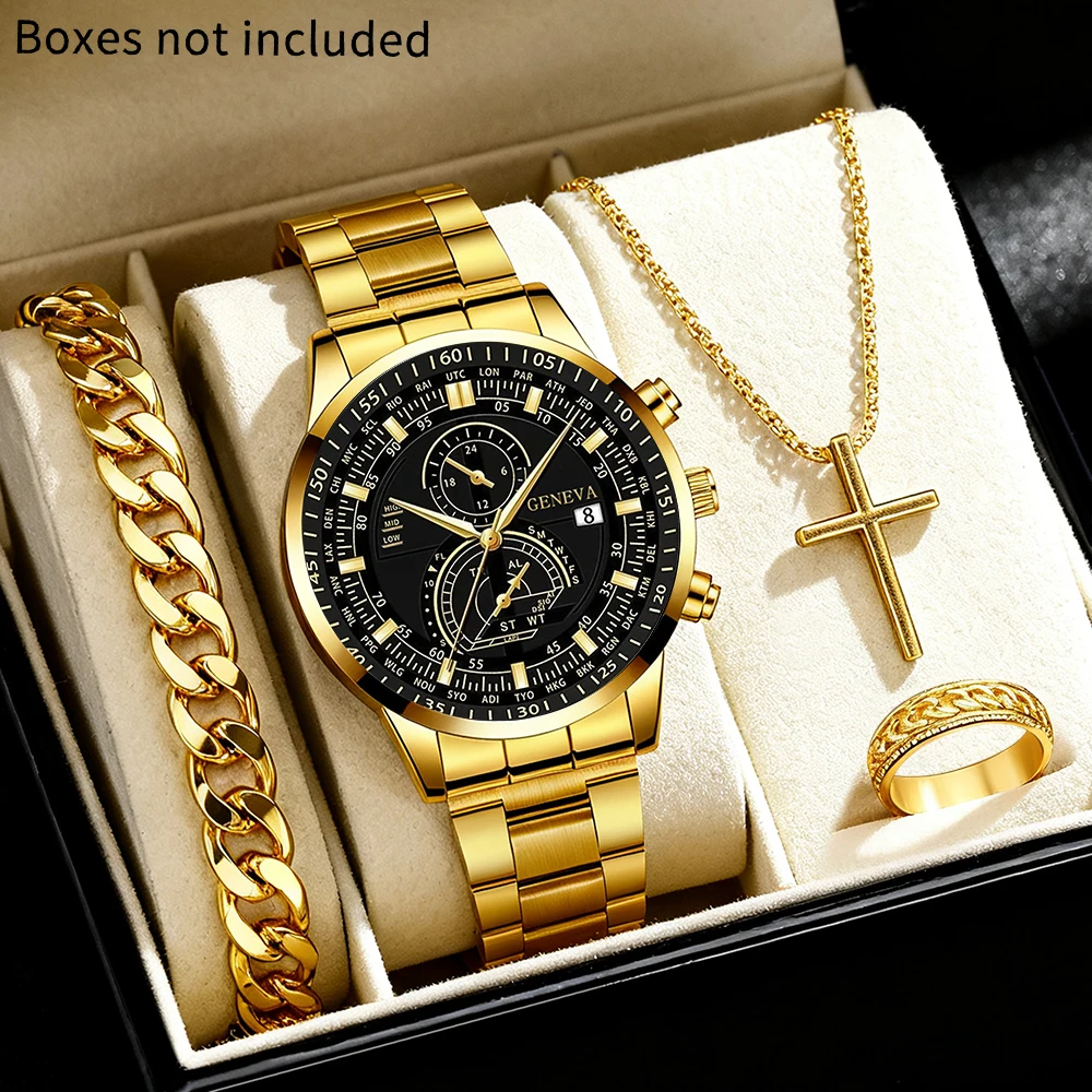 4-piece men's new watch and accessories combo set, business-casual style, an excellent choice for gifts