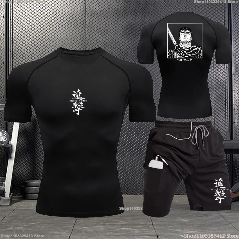 Fashionable Sports Stretch Tights Summer Gym Fitness Jiu-Jitsu Jogging Two-piece Set Breathable Compression Clothing Men S-3XL