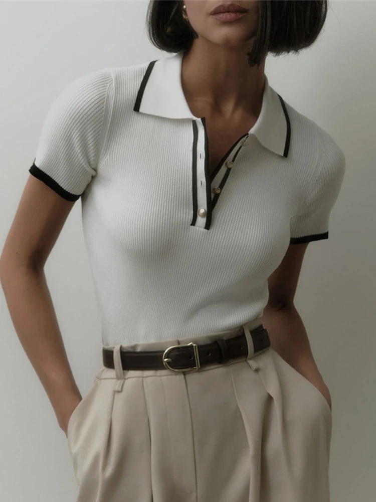 

Summer 2025 Slim Fit Stretchy Knitted T-shirt Women Color Block Turn-down Collar Buttons Short Sleeve Top Knitwear Tee 56903