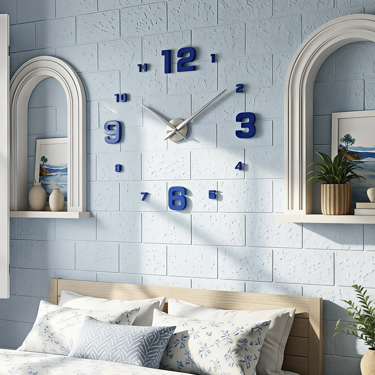 fashion 3D Mediterranean Style Big Size Blue Wall Clock Mirror Sticker DIY Brief Living Room Decor Meeting Room Wall Clock