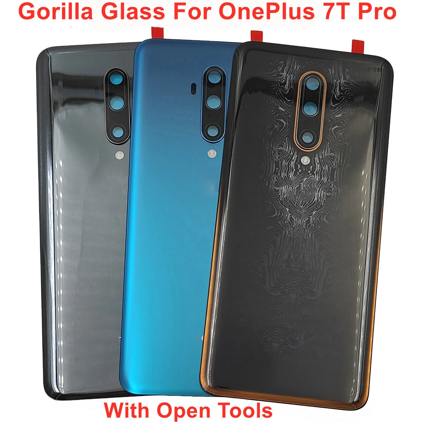 Gorilla Glass Back Lid Door For OnePlus 7T Pro Hard Battery Cover Rear Housing Panel Case Shell + Camera Lens Adhesive Glue