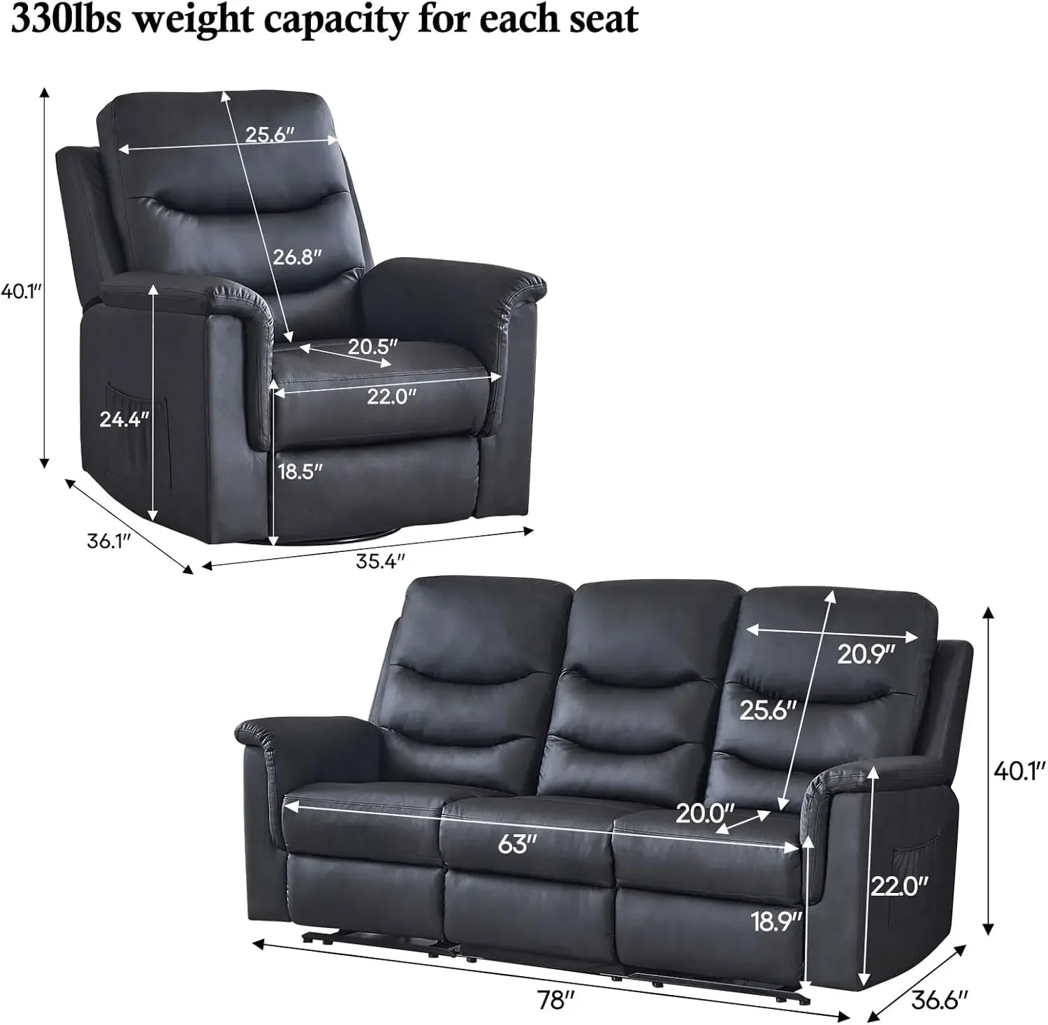 2 Pieces Recliner Sofa Set, Manual Sofa Set for Living Room Furniture Set, Reclining Sofa and Swivel Rocker Recliner Chair