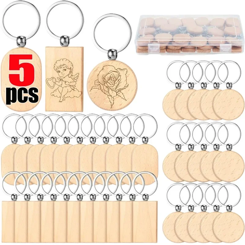 1/5pcs Rounded-Rectangle Wood Keychains Blanks DIY Painting Wooden Key Chain Blanks Unfinished Wooden Key Ring Key Tag Gifts