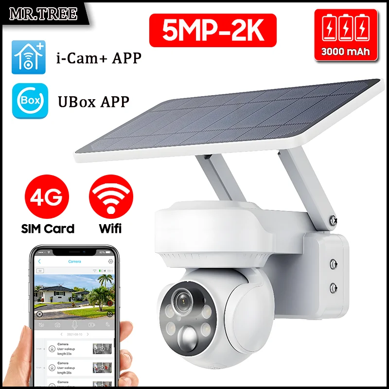 

5MP 4G SIM Solar Camera Outdoor WIFI Surveillance Camera PIR Detection PTZ Night Vision CCTV Battery Powered Security IP Cams