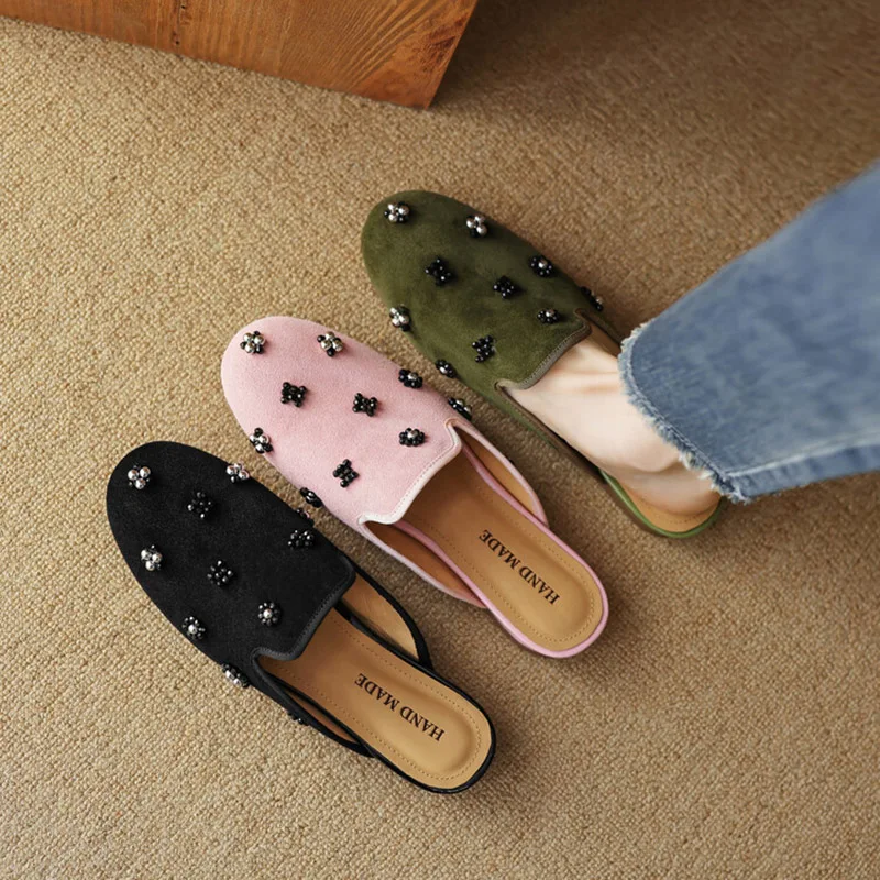 Phoentin retro sheep suede cover toe Mules shoes fashion outdoor slippers women soft  low heels summer sandals big size FT3852