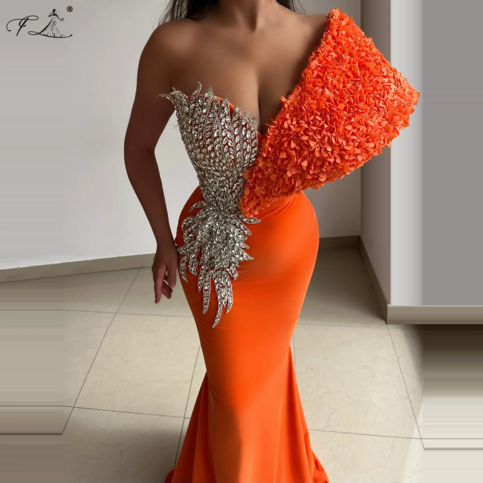 Kristall Meerjungfrau Kleid Orange Asymmetrische Schulter Abendkleid Sexy Tiefem V Cocktail Prom Kleid Party Urlaub Kleid Anpassbare