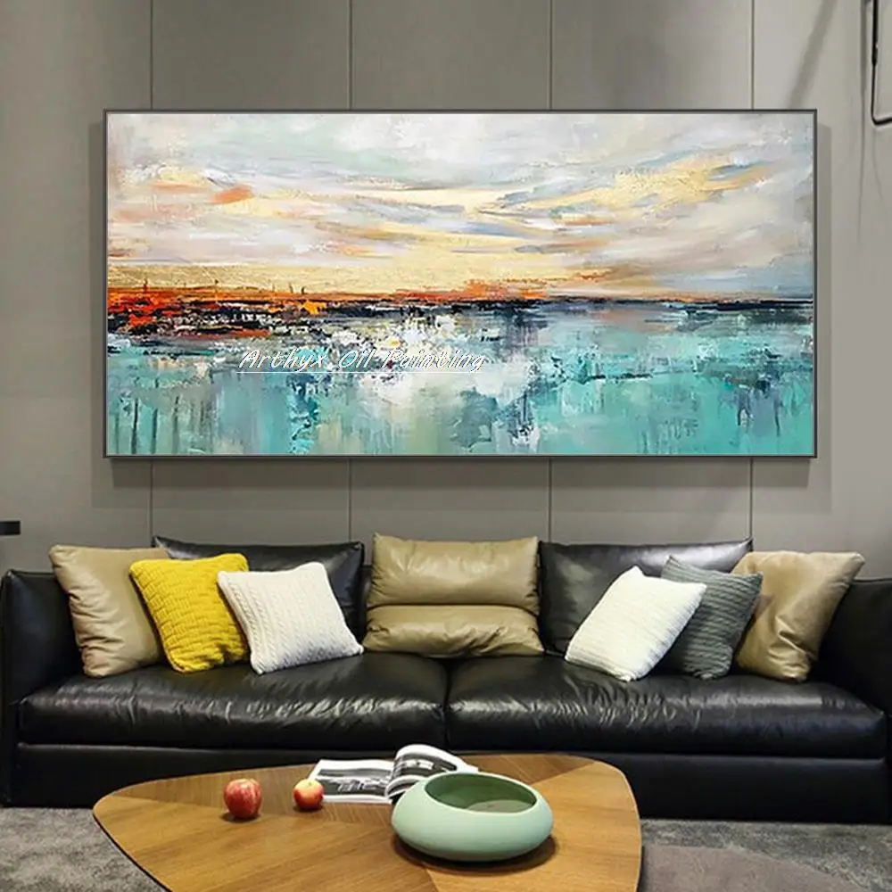 Arthyx Handpainted Landscape Lake Sky Oil Painting On Canvas,Abstract Art Posters,Wall Picture,Modern Home Decoration,Room Decor