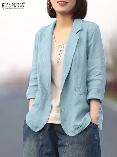 Imagen 2 del producto ZANZEA mujer otoño moda Color sólido Blazer elegante OL trabajo manga larga cuello de solapa prendas de vestir exteriores de algodón chaquetas de traje sueltas 2025