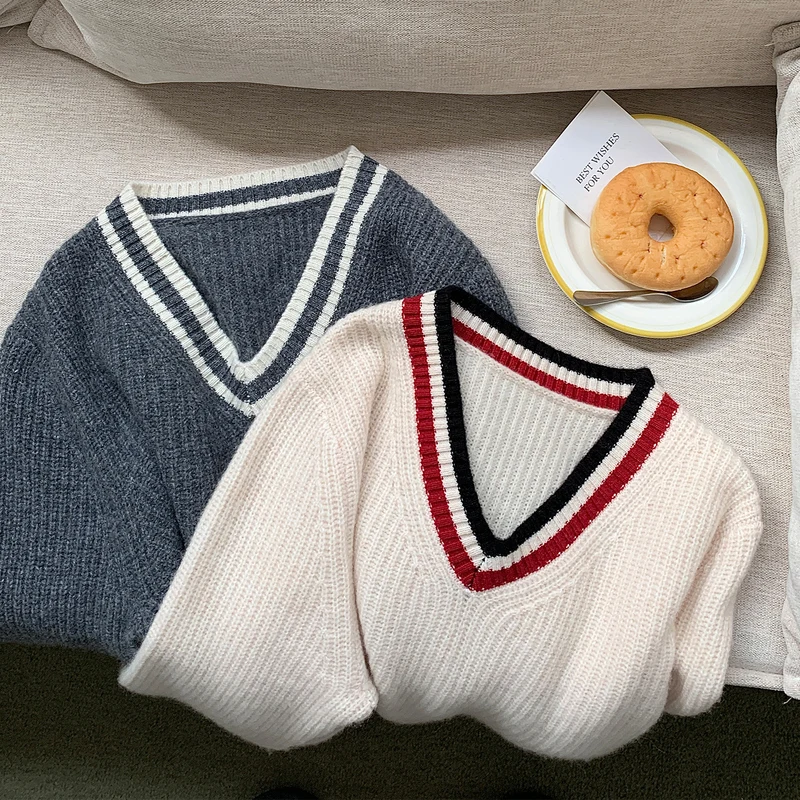 Women's Thick Wool V-Neck Winter Sweater - Casual Knit Jumper