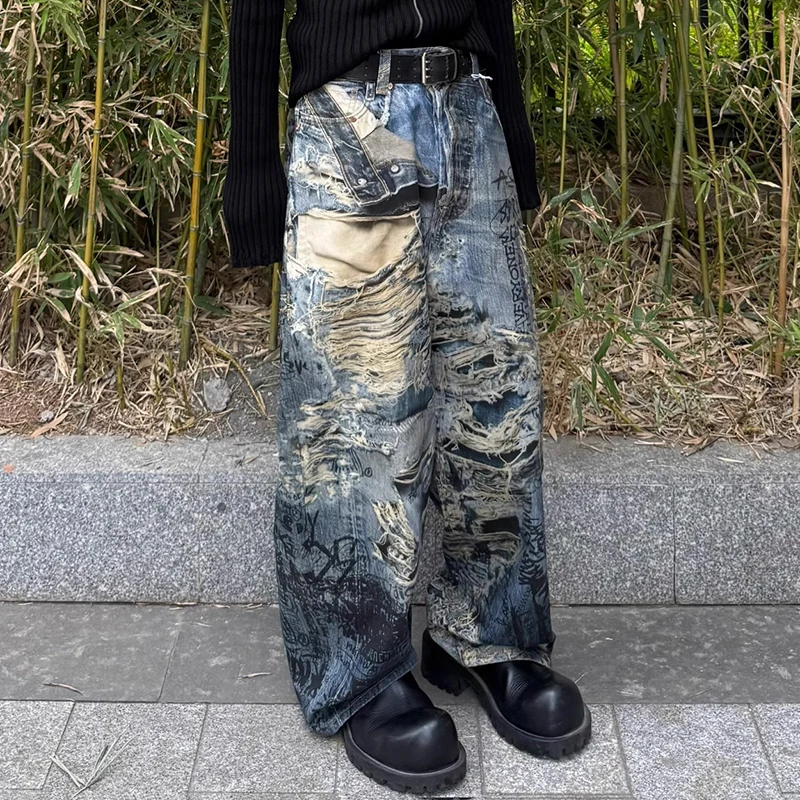 WTHT خمر الرجال الكتابة على الجدران الوهم هول تصميم الدنيم السراويل موضة شارع العليا مستقيم واسعة الساق الجينز الذكور 2025 الصيف 2A1145