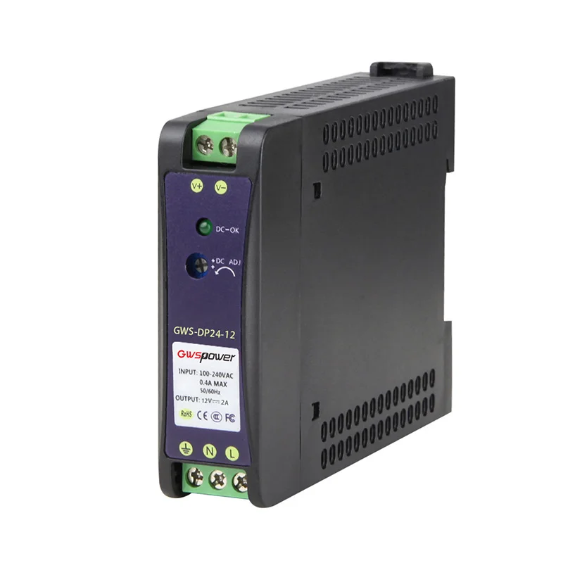 GWS-DP24-12 24W Industrial DIN Rail Power Supply  90-264VAC Input  Slim Design & Wide Temperature