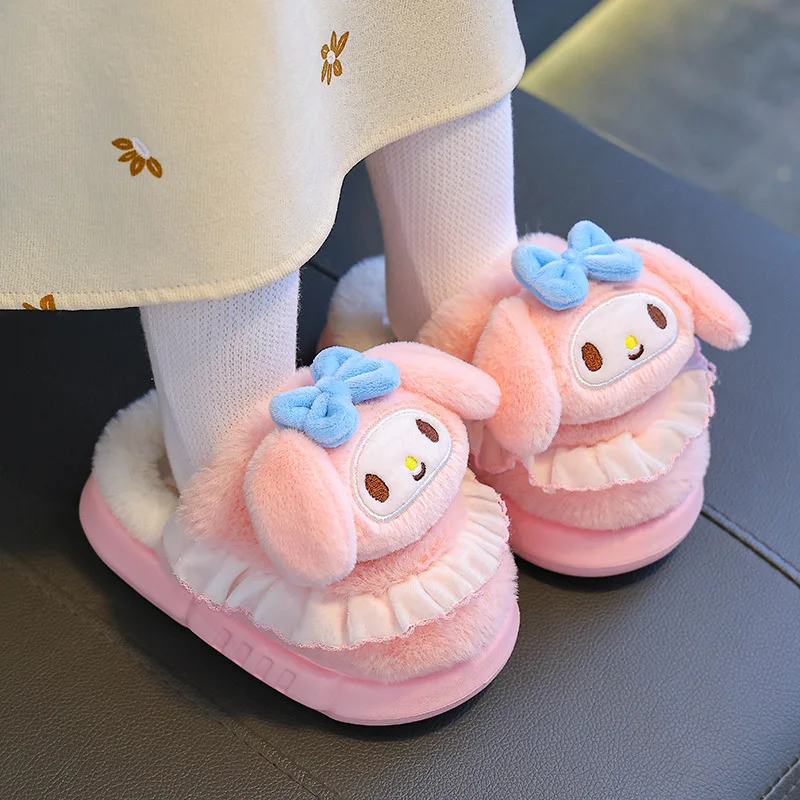 Sanrios Winter Child Cotton Slippers Girl Hello Kittys Plus Velvet Home Shoes Kawaii Cartoon Anti-Slip Include Heel Cotton Shoes