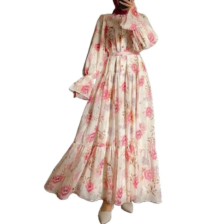 

New round neck flared sleeve button style floral belt long elegant dress