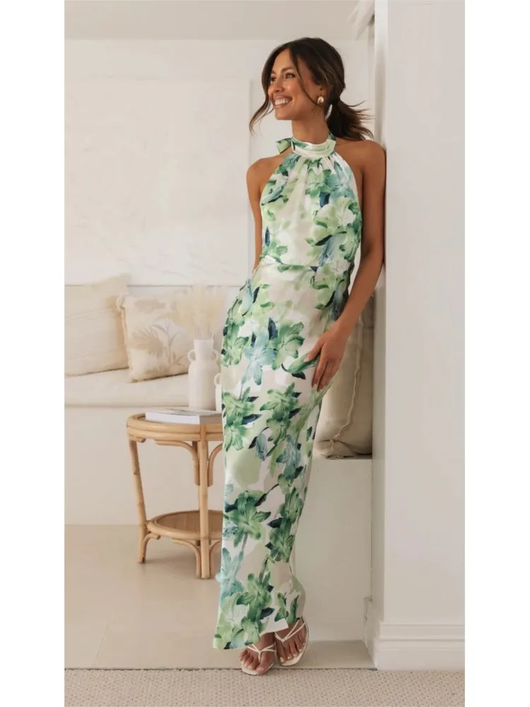 New Flower Printed Halter Neck Leace-up Slim Long Dresses Women Fashion Backless Elegant Lady Bodycon Party Dress 2026 Vestidos