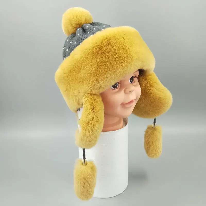 Cute Winter Fur Hat Boys Girls Real Rabbit Hat Children Earmuffs Warm Fur Bomber Hat Rabbit Fur Cap Ski Cute Russian Cap