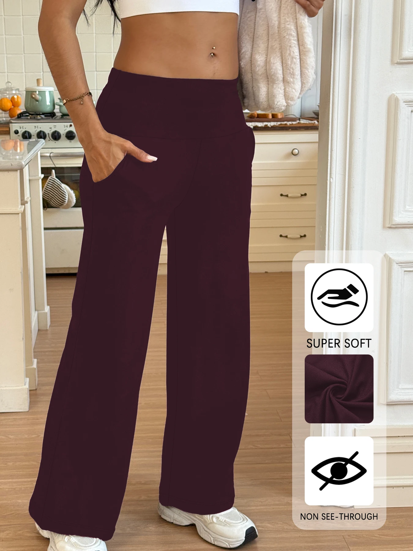 بنطال رياضي نسائي واسع الساق مع جيوب، بنطال رياضي فضفاض فائق النعومة