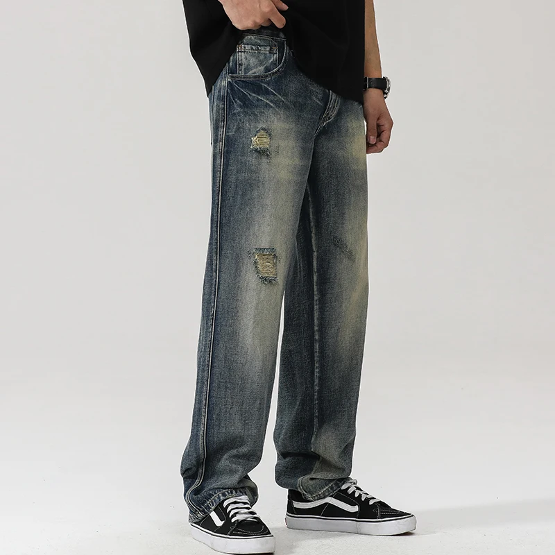2025 Autumn Men's Jeans Loose-Fit Straight-Leg Casual Draped Bell Bottoms American Style Vintage Ripped Trendy Streetwear