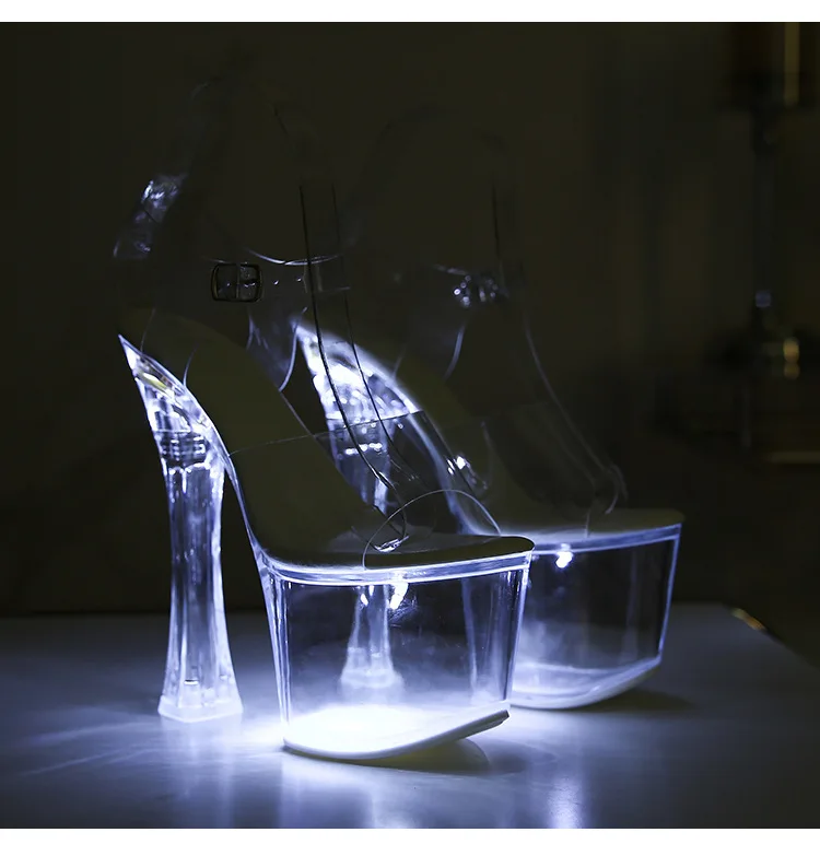 Tacones extremadamente altos de 17,5 CM, plataforma brillante, tacones claros, sandalias para discoteca para mujer, modelo de moda de PVC transparente, zapatos de pasarela