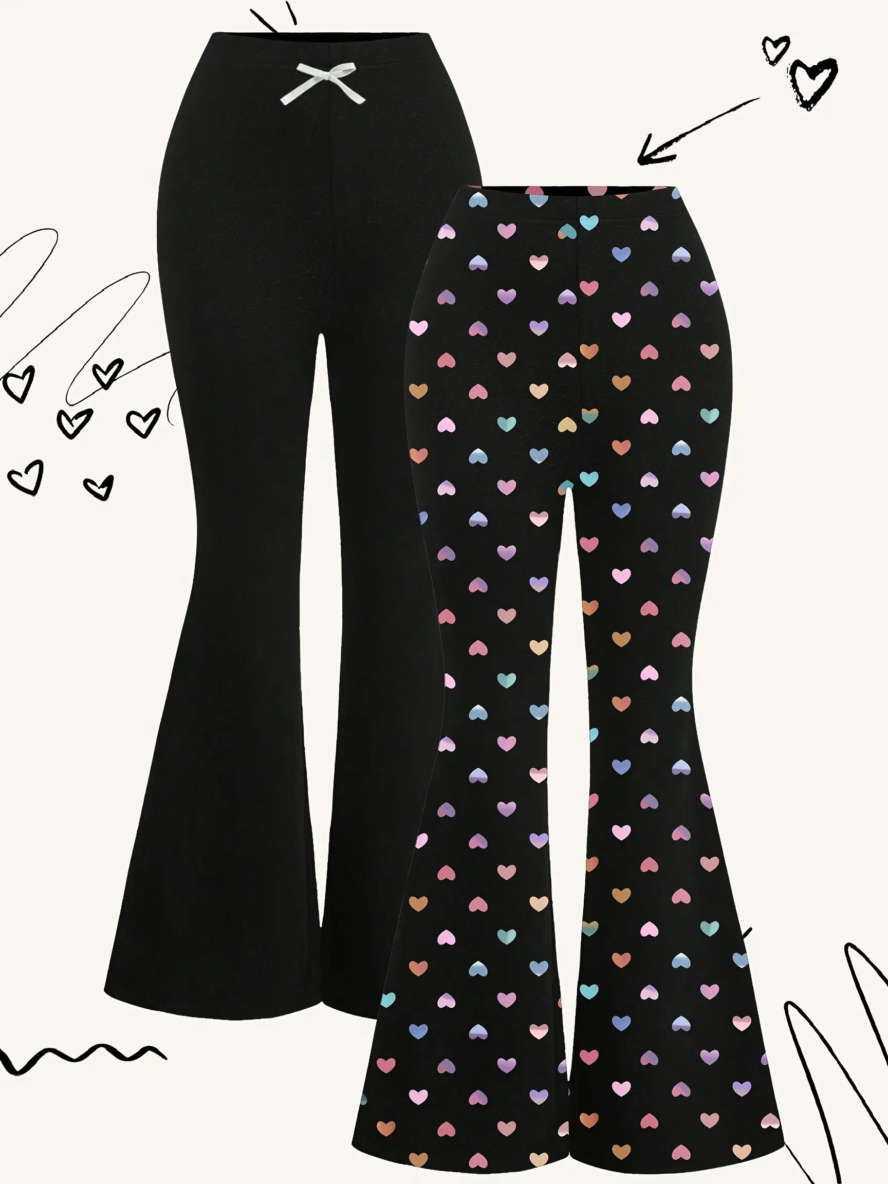 Set mit 2 Paar lässigen Schlaghosen für junge Mädchen – Bunter Herz-Print (Frühling/Herbst)
