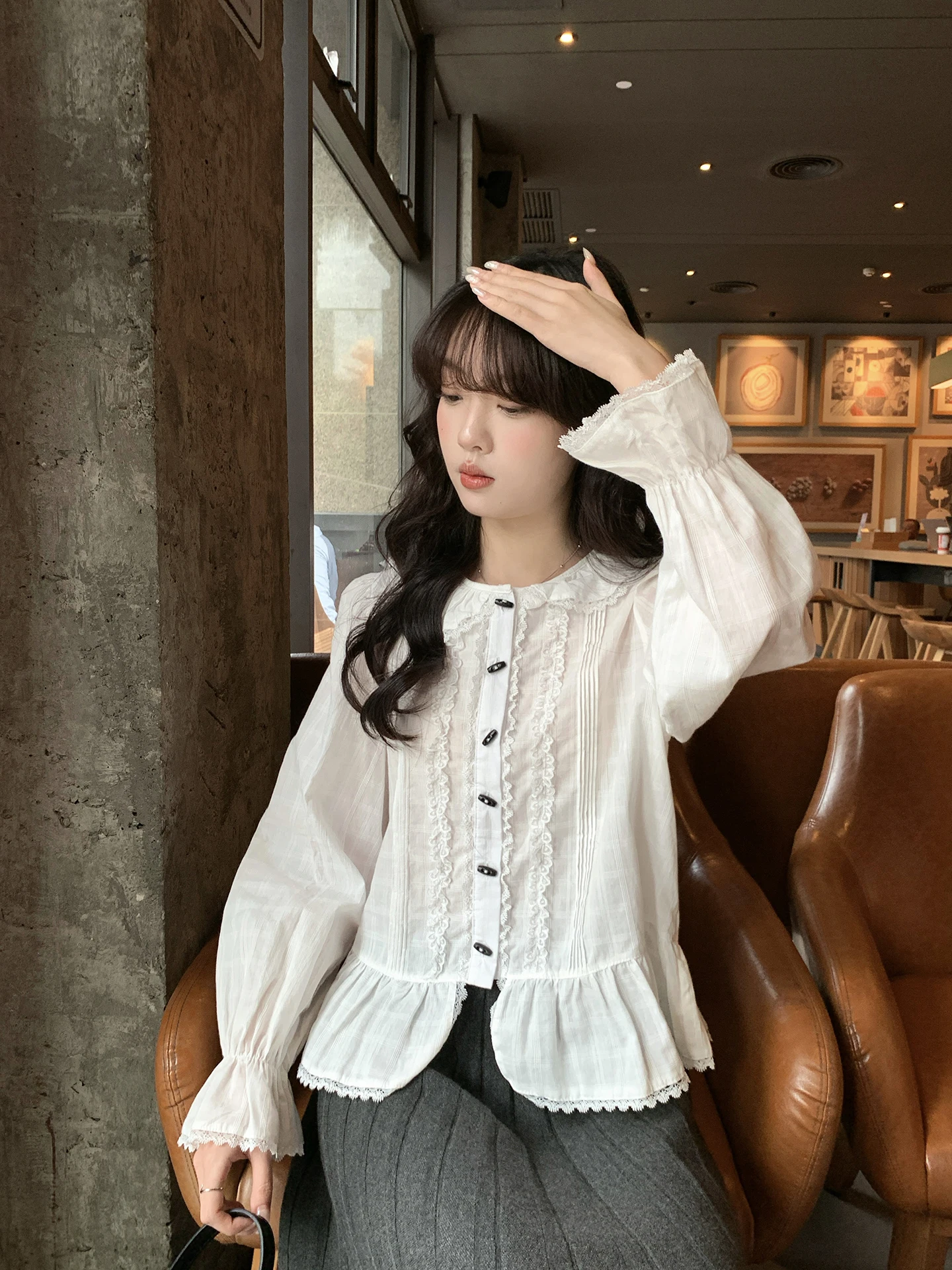 

Новая женская блузка Holli Korean Sle Sweet Doll с воротником, рюшами, пэчворком и пуговицами, модная модель 2025 года, с длинным рукавом, цветная