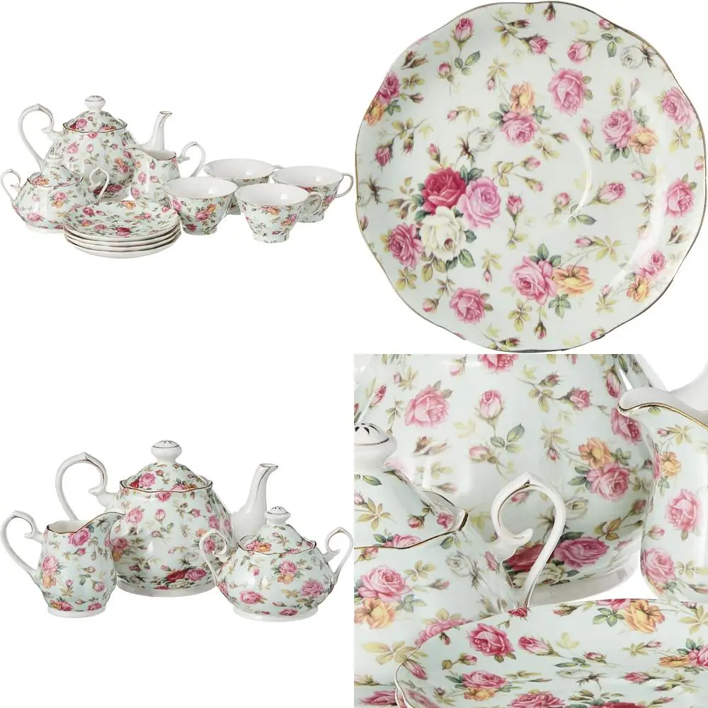 

Elegant Blue Cottage Rose Chintz 11-Piece Tea Set Collection