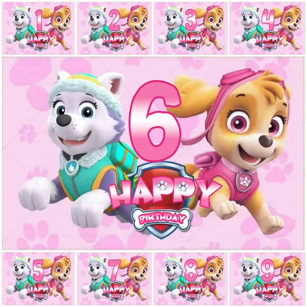 

Anime PAW Patrol Customized Number Puppy Dog Backdrop Child Birthday Party Decoration Pink Cloth Photography Background GirlGift
