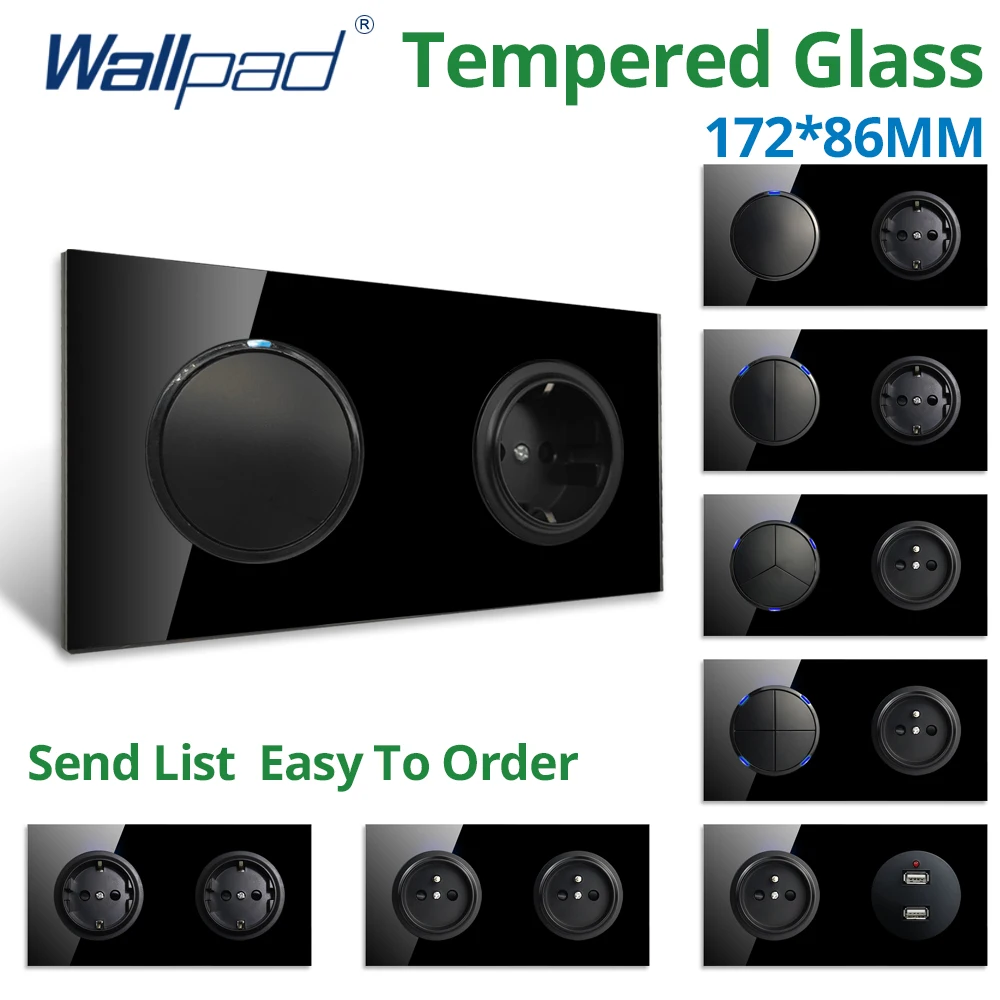 

Wallpad Black Dual Double Glass Panel 1 2 3 4 Gang Wall Light Switch and USB EU UK Electric Socket Outlet Round Button 172*86mm