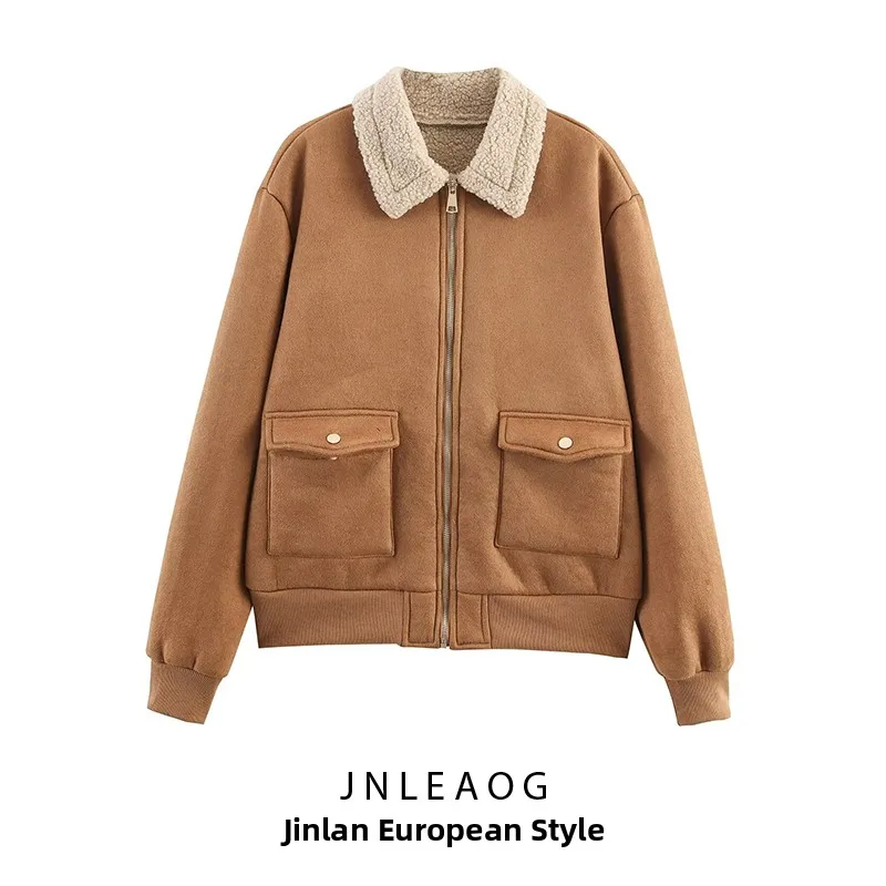 

JNLEAOG Faionable Autumn Winter Commute Sle Women's Jaet Double ket Zipper ort Outerwear Stand Fit Polyester