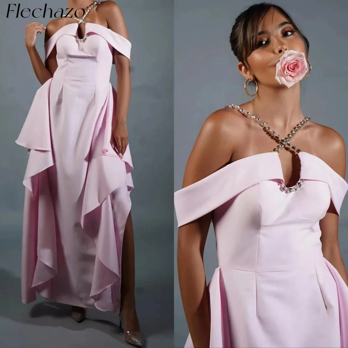 

Flechazo Evening Dresses Off Shoulder Halter Neck Vintage Crystal Beading Formal Party Prom Dress For Women 2024 Robes De Soirée