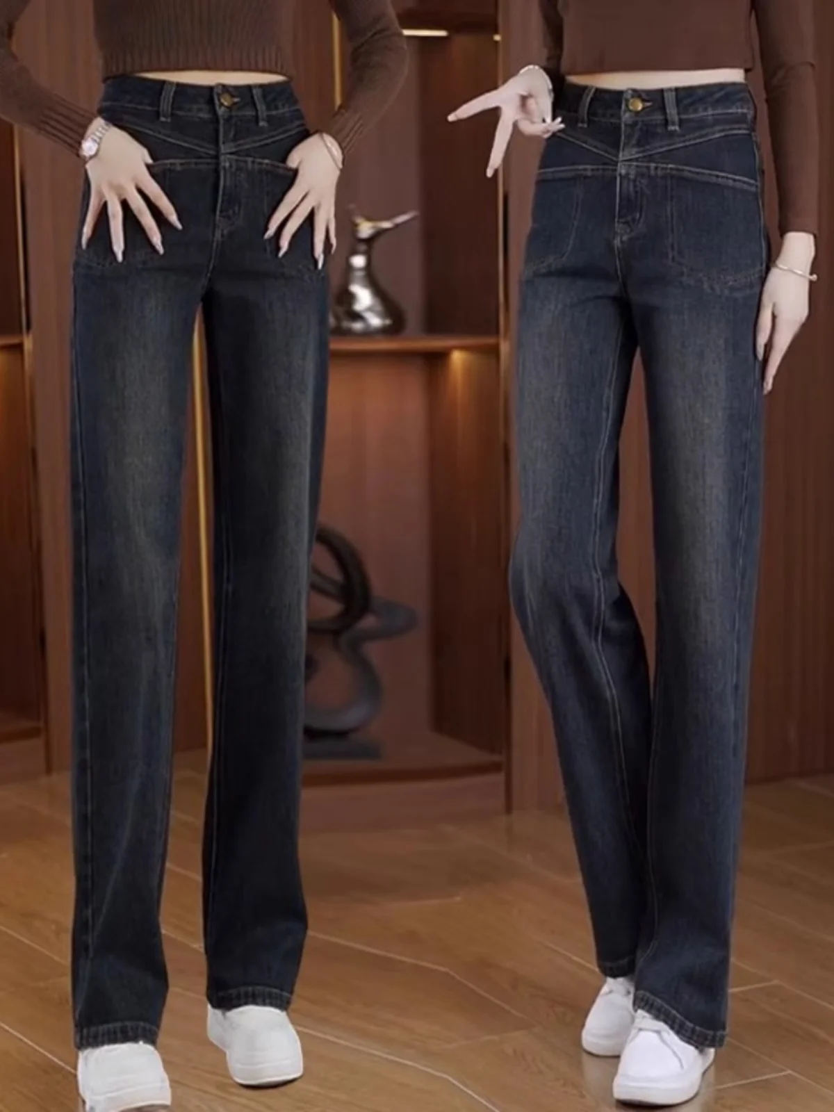 

Женские джинсы с широкими штанинами и подкладкой, прямой крой, высокая талия, длинные брюки, осенняя коллекция, модные, больших размеров