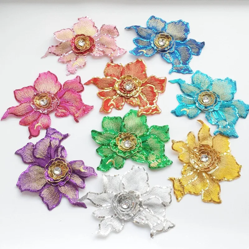 

Embroidered Sequin 3D Flower Rhinestone Patch Sewing Floral Fabric Lace Trim Mesh Applique Wedding Gown Dress Clothes Decor DIY