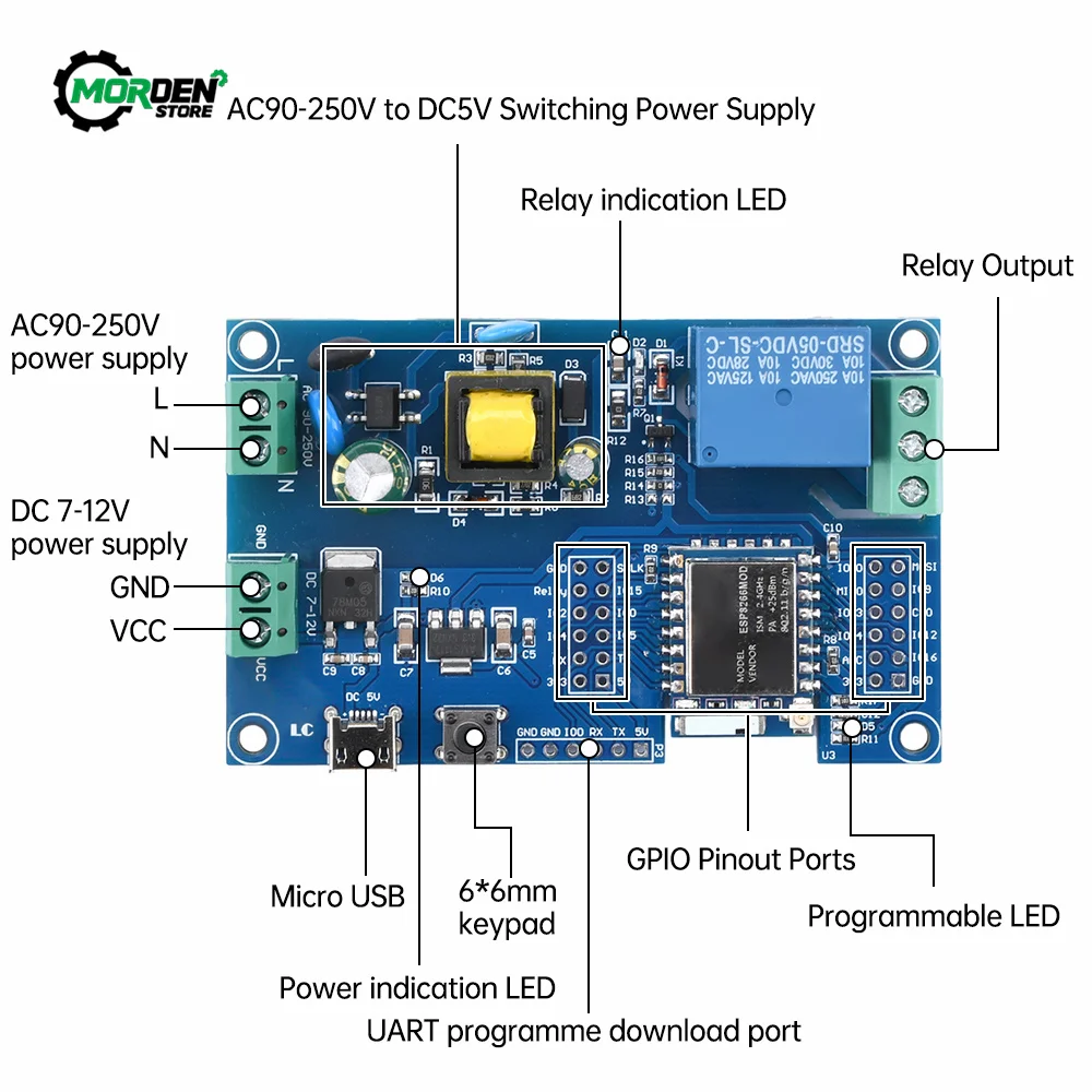 1/2/4/8 Channel ESP-07  WIFI Bluetooth-compatible BLE Relay AC90-250V/DC5-30V ESP32-WROOM Development Board Power Supply