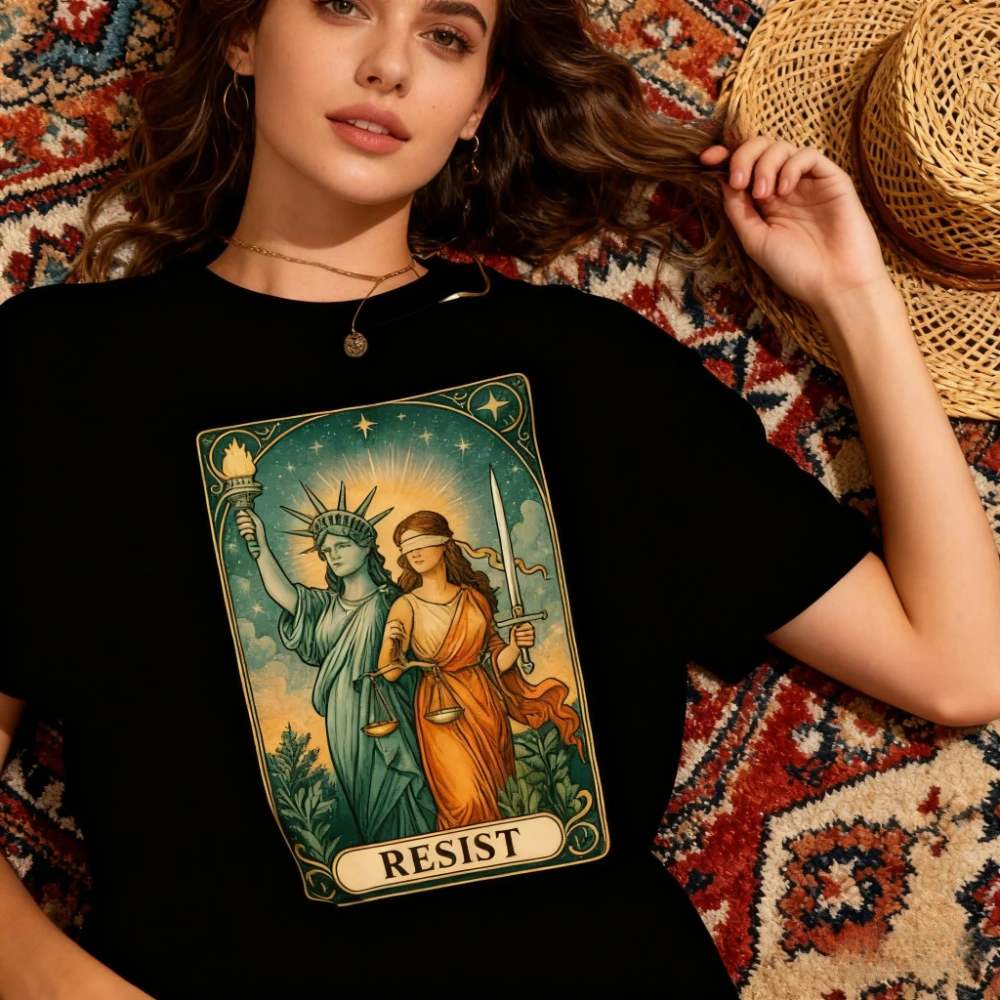 Resist Tarot T-Shirt Lady Justice and Liberty Graphic Tee Political Protest Shirt Women Daily Life Fashion Streetwear Cotton Top
