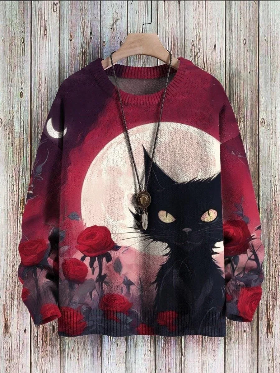 Halloween-Schloss, schwarze Katze, Geist, Retro-Kunst, 3D-Druck, Herren-Strickpullover, Winter, Unisex, lässiger Strickpullover. – Detail 7